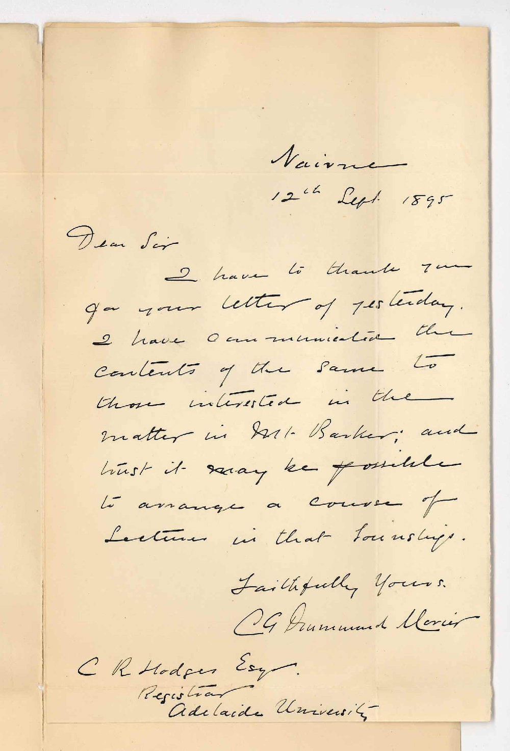 Dr C G Drummond Morier - Nairne - Extension lectures at Mount Barker