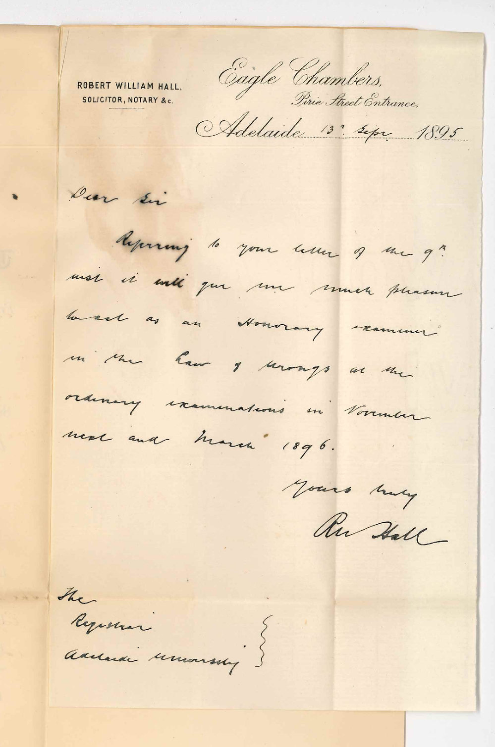 Robert William Hall - Eagle Chambers Pirie Street Adelaide - Will examine in Law of Wrongs November 1895 and March 1896