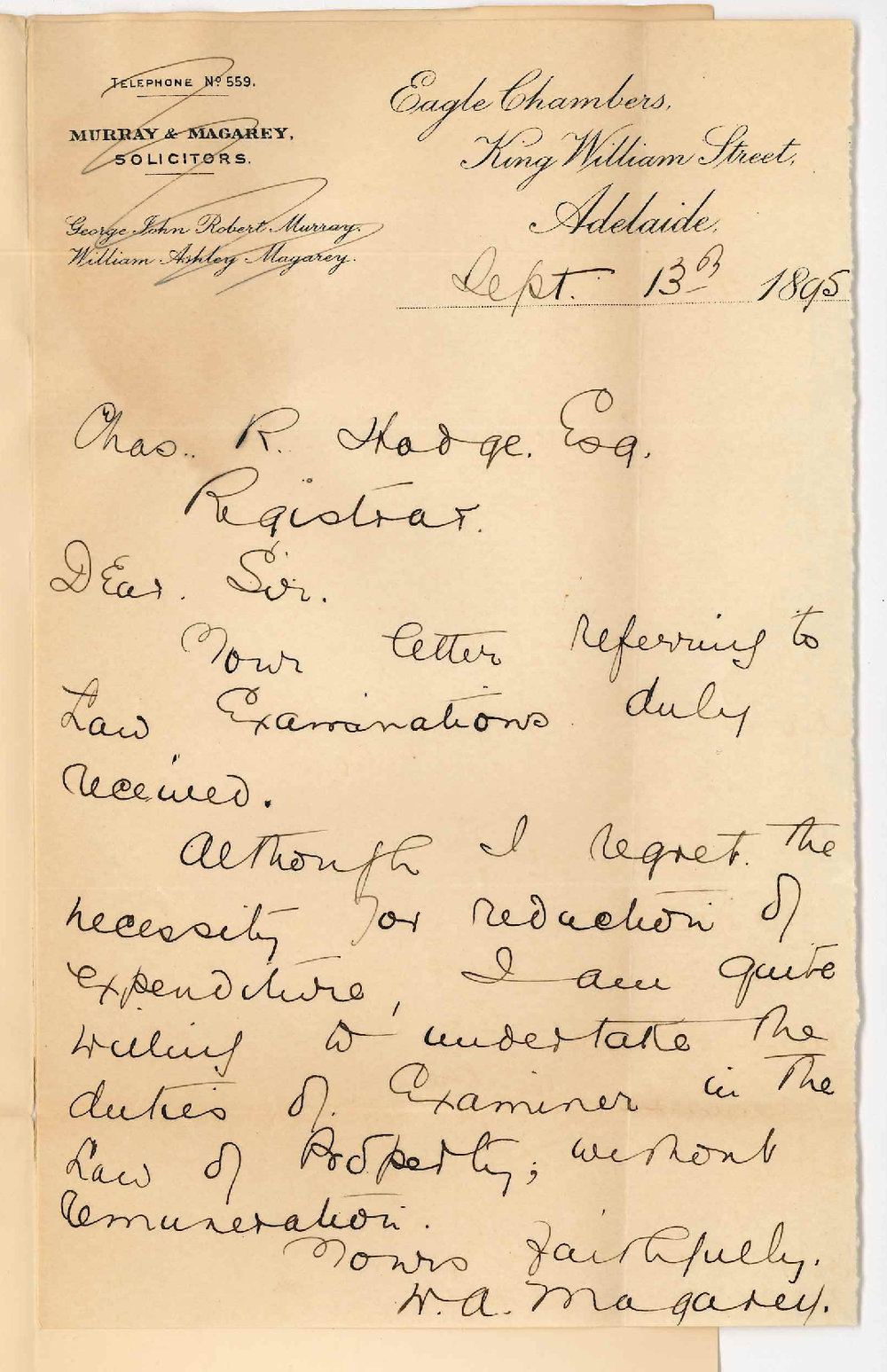 William Ashley Magarey - Eagle Chambers King William Street Adelaide - Will examine in Law of Property November 1895 and March 1896