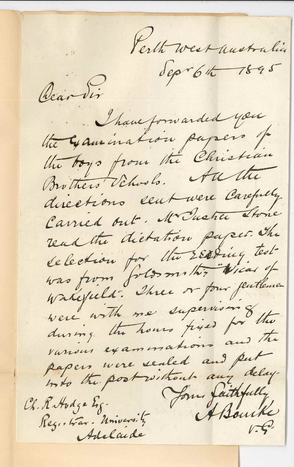 Reverend A Bourke - Perth WA - Preliminary Exam at Perth - Papers forwarded