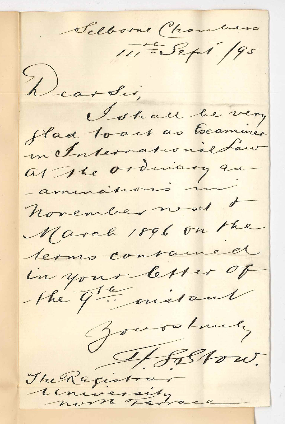Francis Leslie Stow - Selborne Chambers Pirie Street Adelaide - Will examine in International Law November 1895 and March 1896