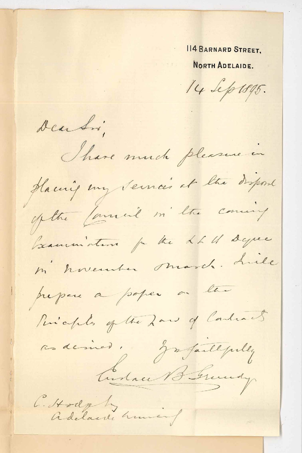 Eustace B Grundy - 114 Barnard Street North Adelaide - Will examine in Contracts November 1895 and March 1896
