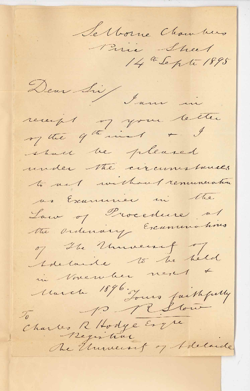 Percival Randall Stow - Selborne Chambers Pirie Street Adelaide - Will examine in Law of Procedure November 1895 and March 1896
