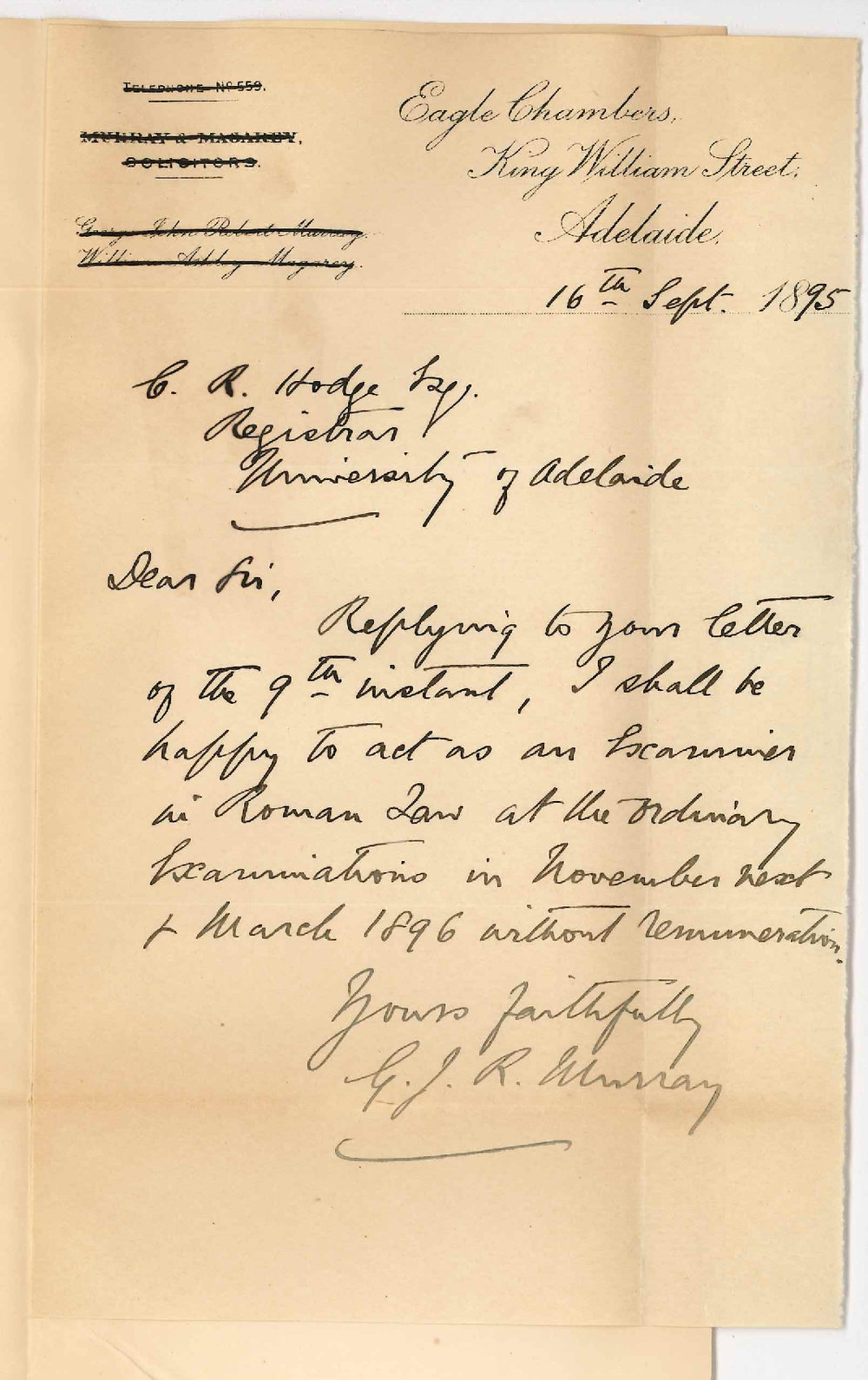 George John Robert Murray - Eagle Chambers King William Street - Will examine in Roman Law November 1895 and March 1896