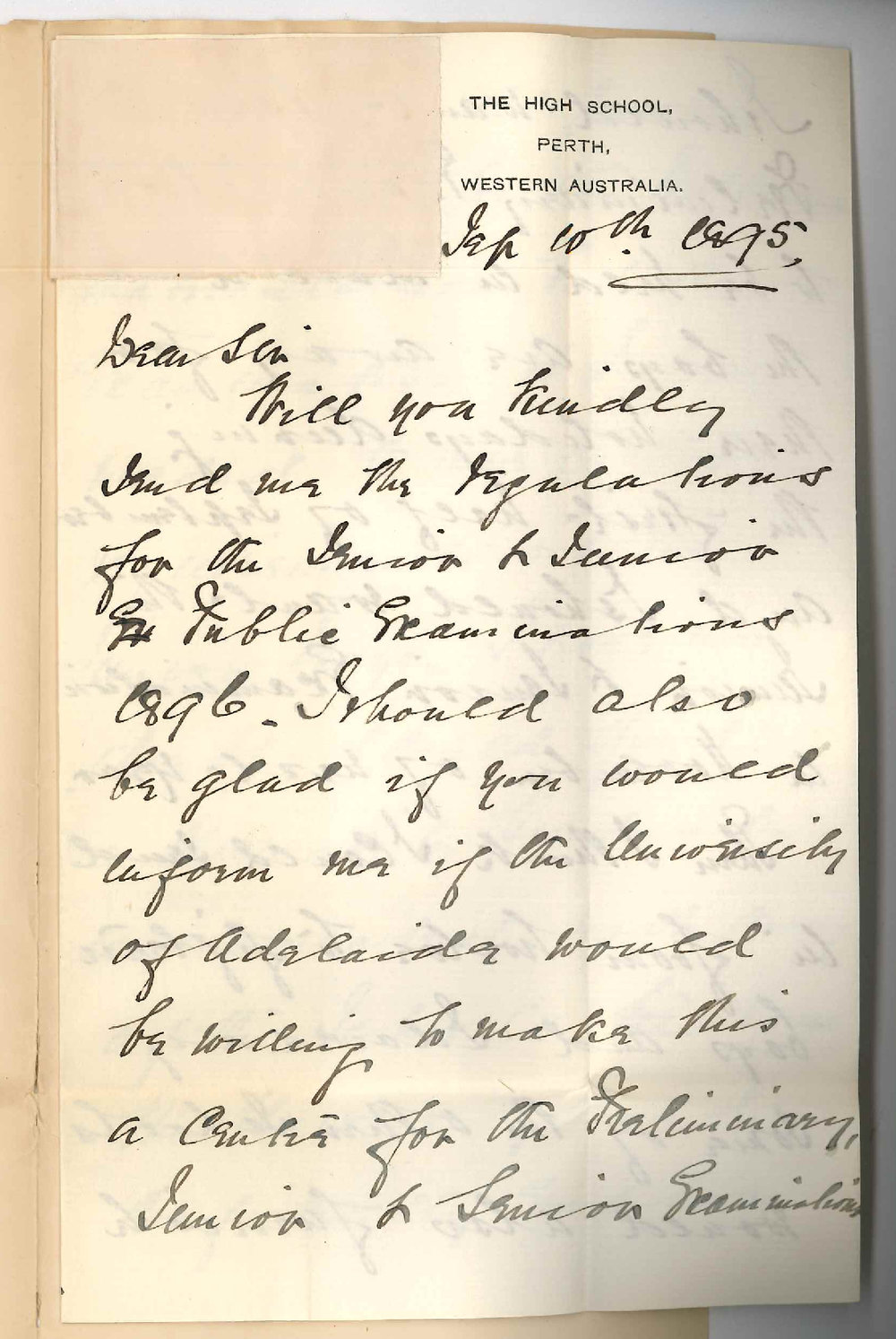 F C Faulkner - Headmaster High School Perth WA - Enquiring re local Public Exams at Perth