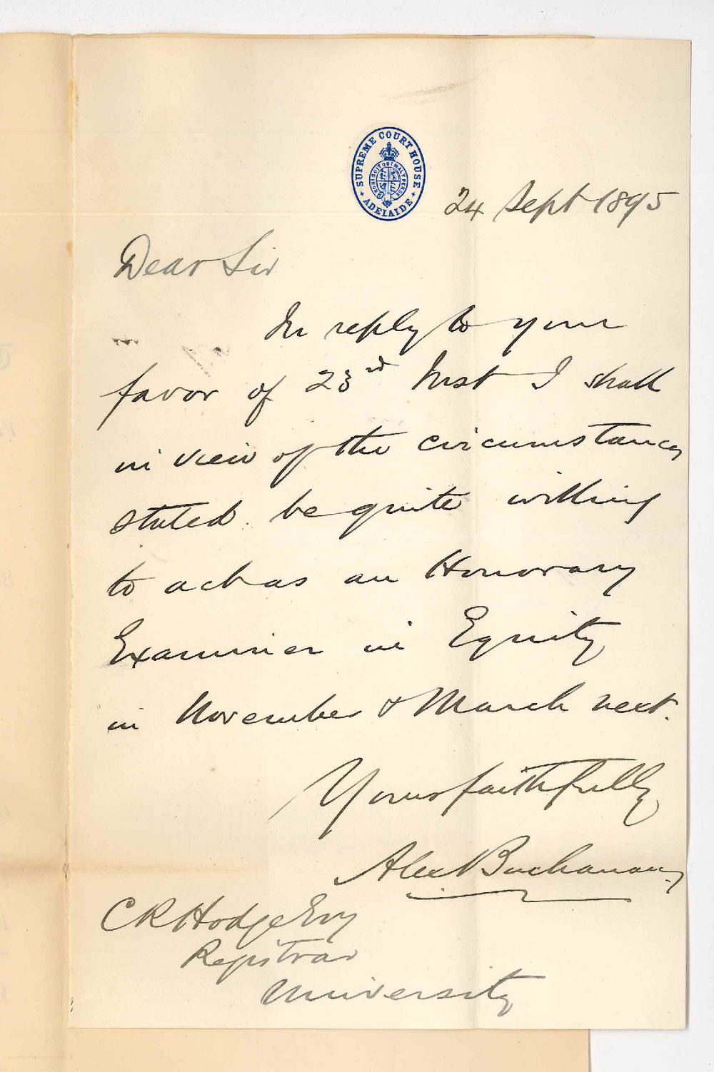 Alexander Buchanan - Supreme Court Adelaide - Will examine in Law of Equity November 1895 and March 1896