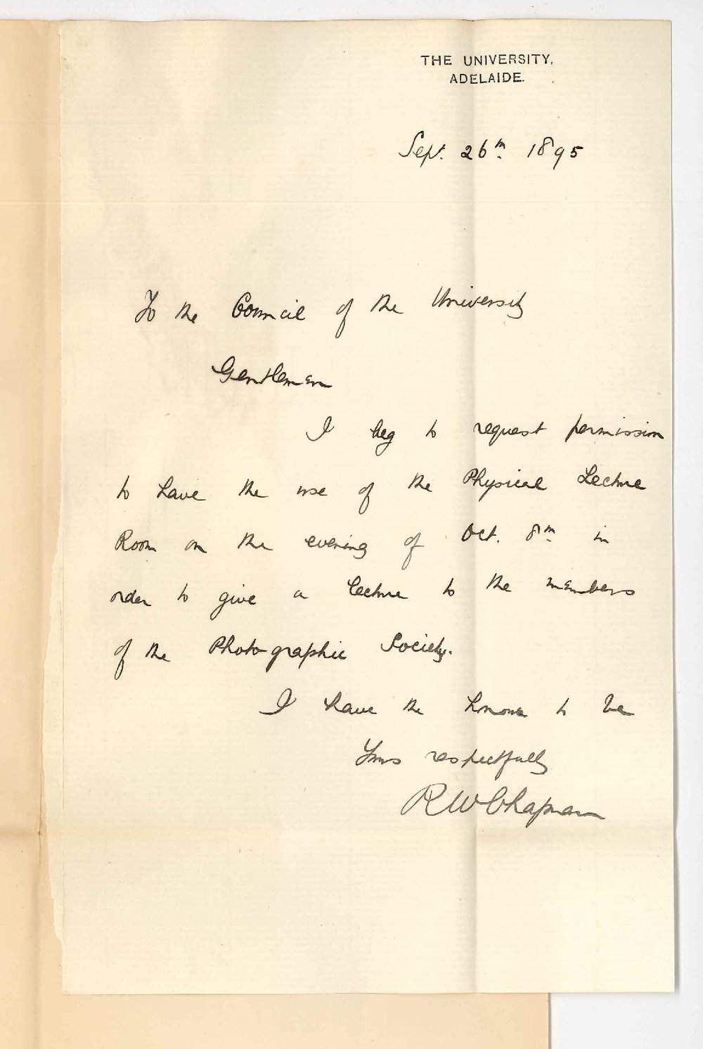 Robert William Chapman - The University - Requesting permission to lecture in Physics room to Photographic Society