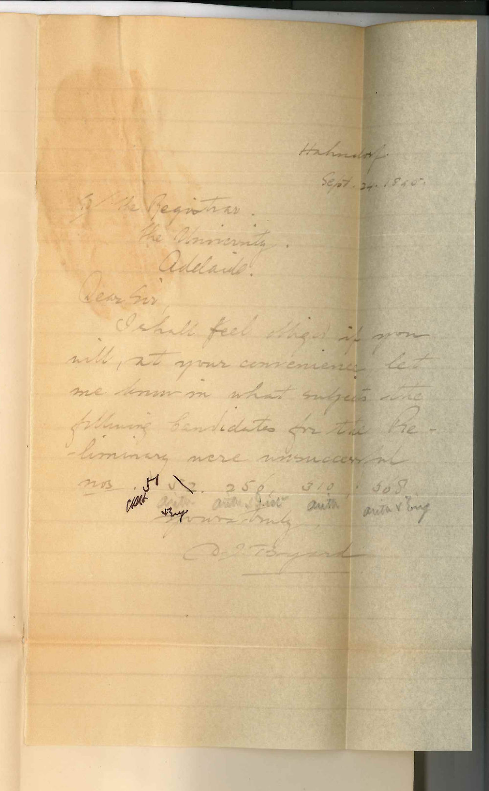 Douglas John Byard - Hahndorf College - Failures at Preliminary Examination