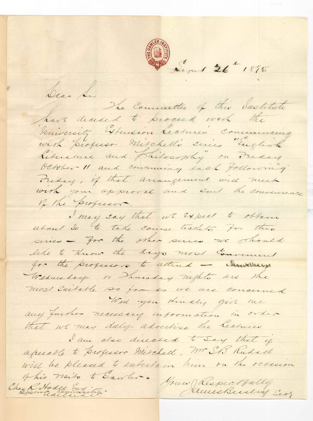 James Beasley - Secretary Gawler Institute - Arrangements for Extension Lectures at Gawler