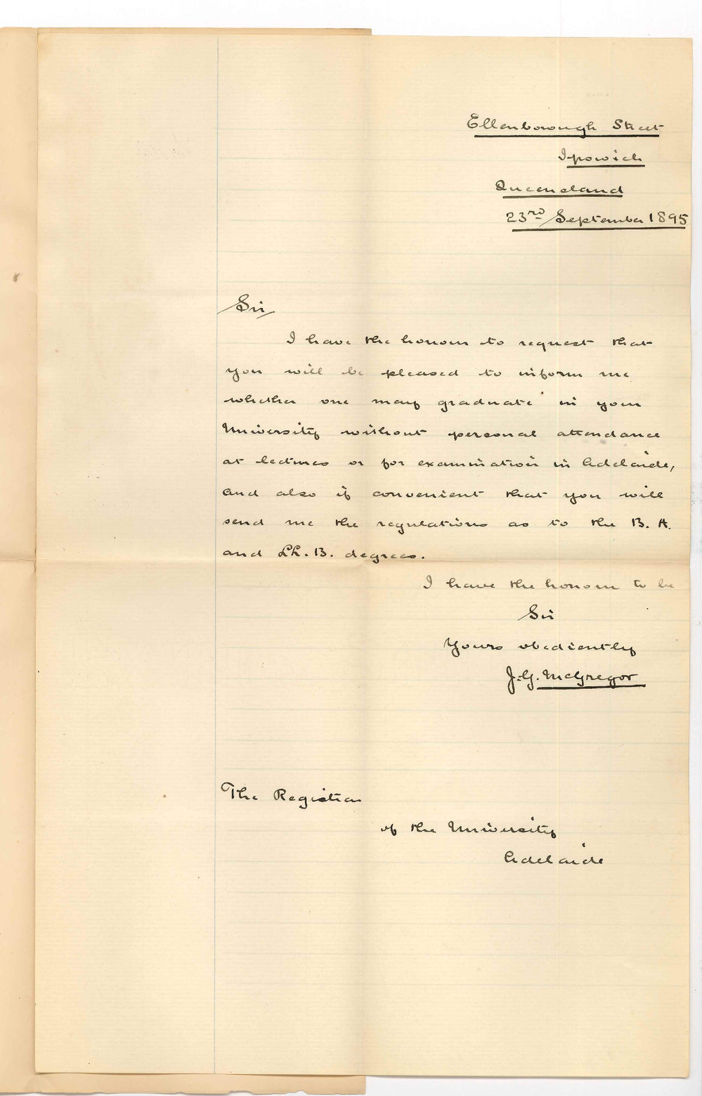 J G McGregor - Ellensborough Street Ipswich Queensland - Obtaining degree without attending lectures