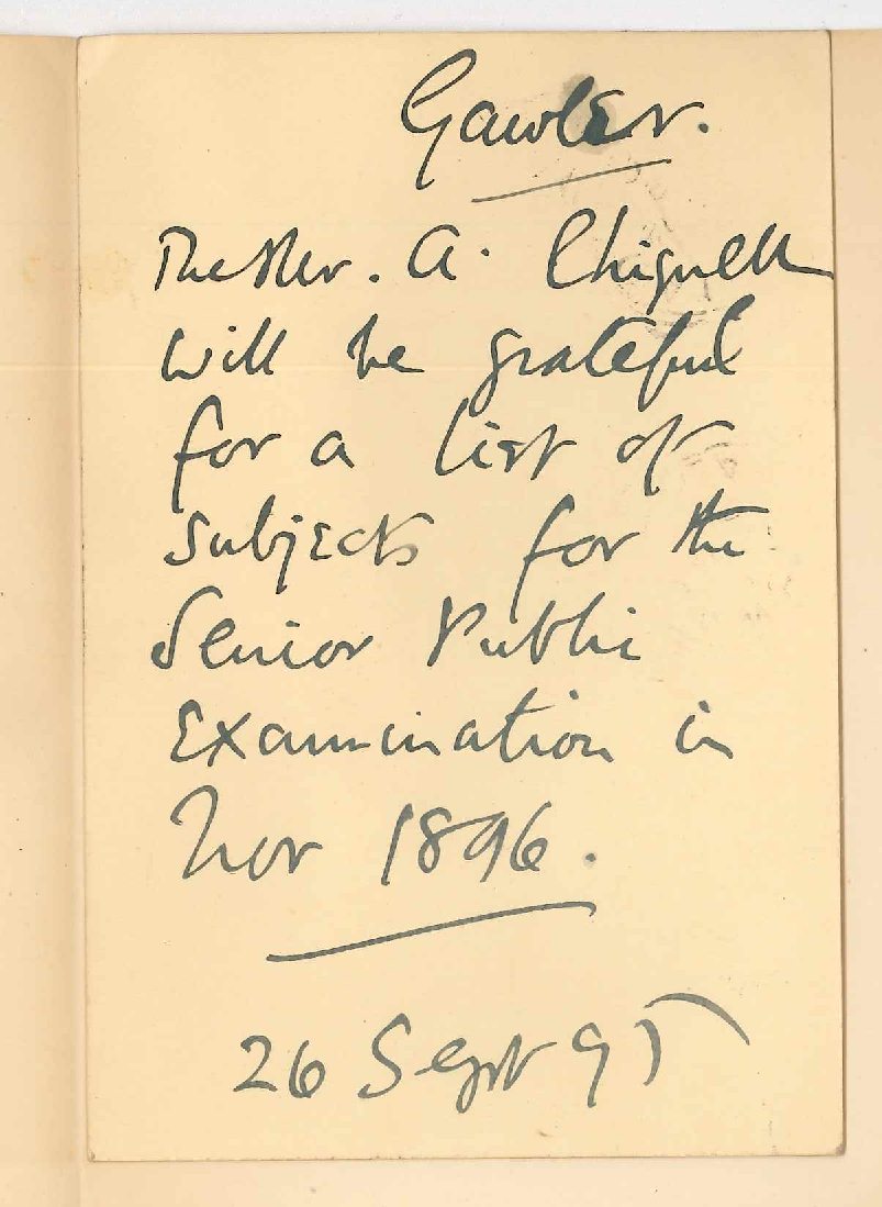 Reverend Arthur Chignell - Gawler - Subjects for Senior Public Exam in November 1896