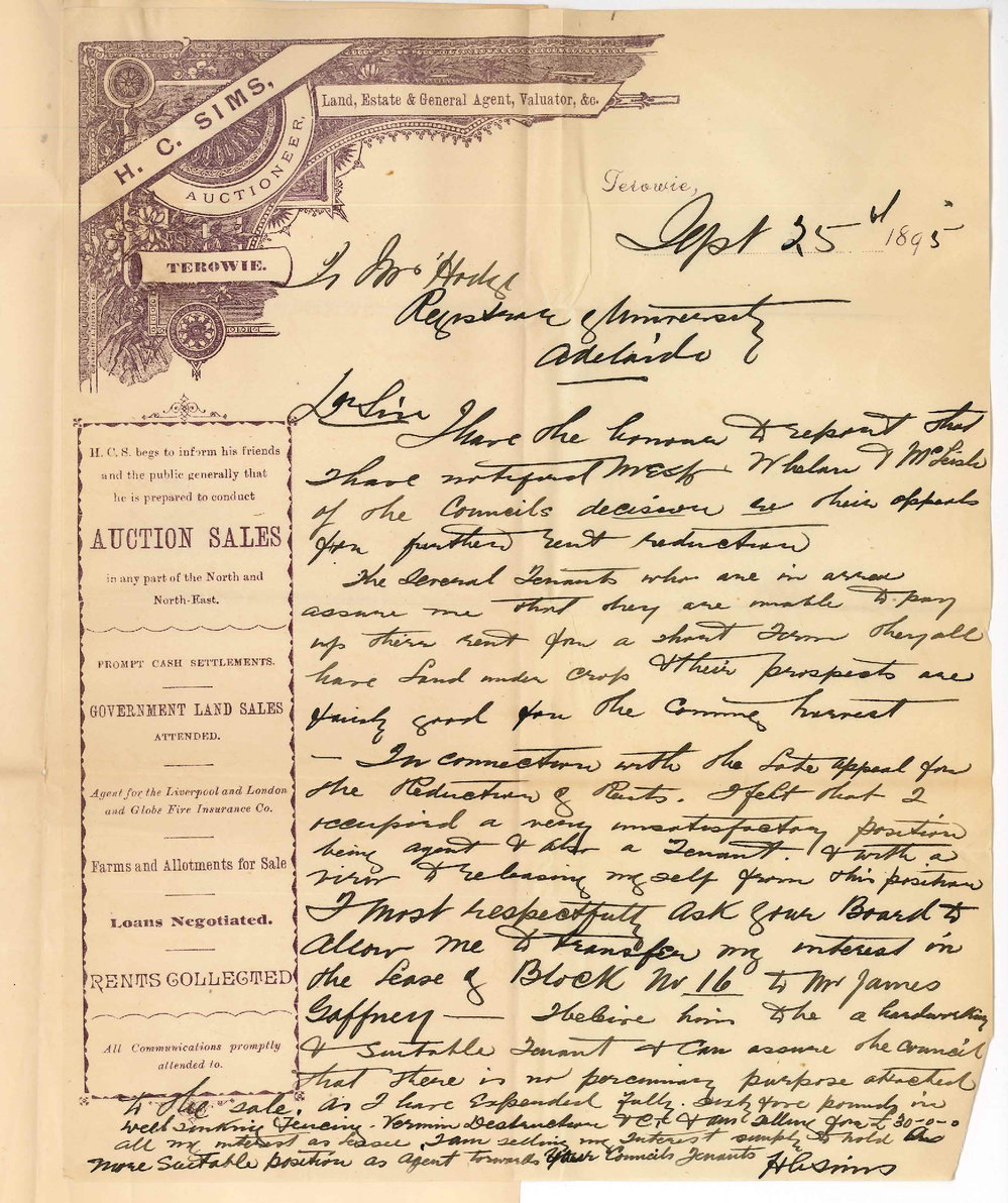 H C Sims - Terowie - Payment of rents and transfer of block 16 to James Gaffney