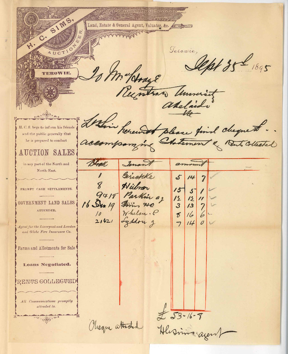 H C Sims - Terowie - Herewith payment rents due 4-4-1895