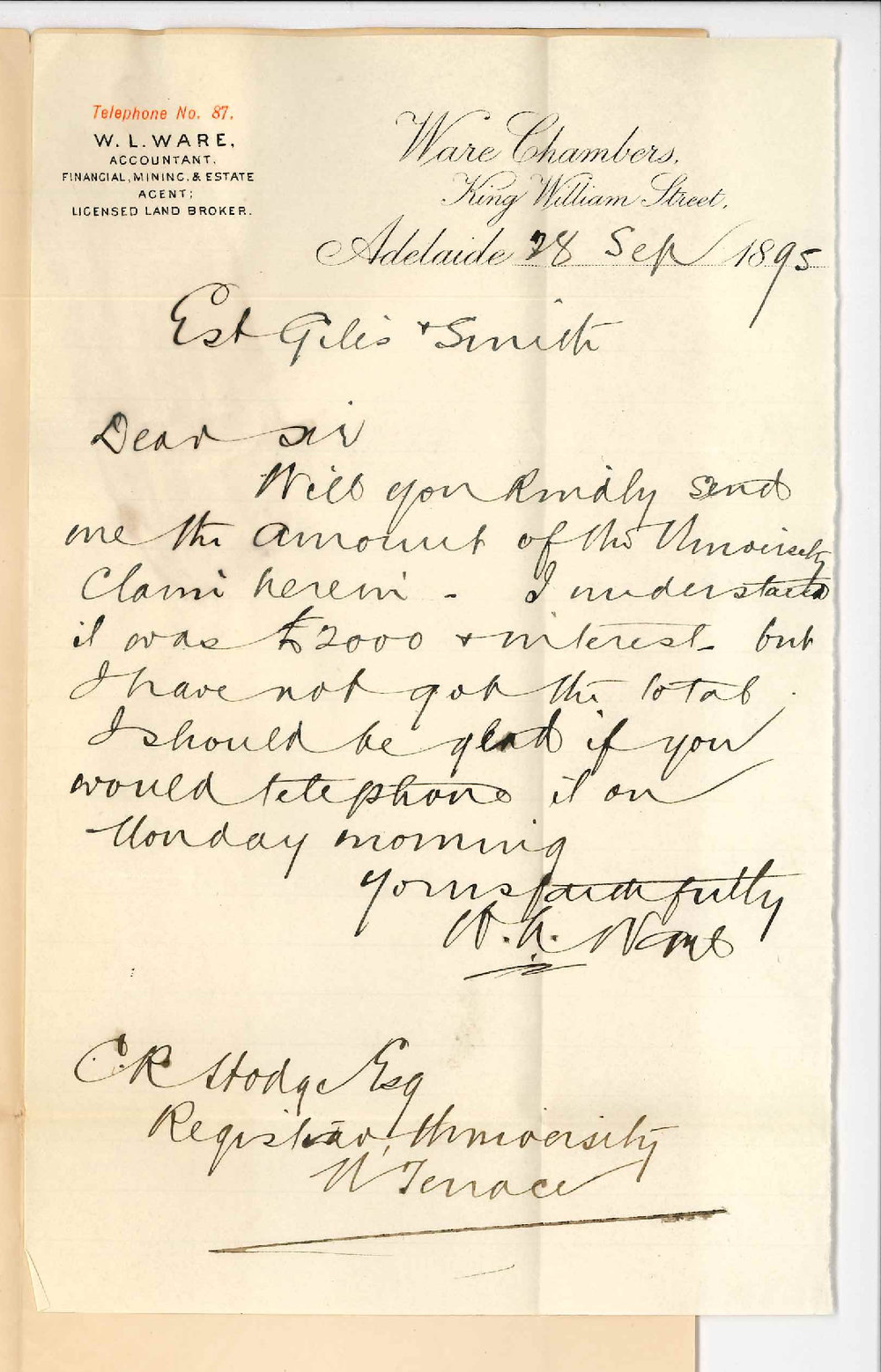 W L Ware - King William Street Adelaide - Enquiring amount of University Claim in Giles and Smiths estate