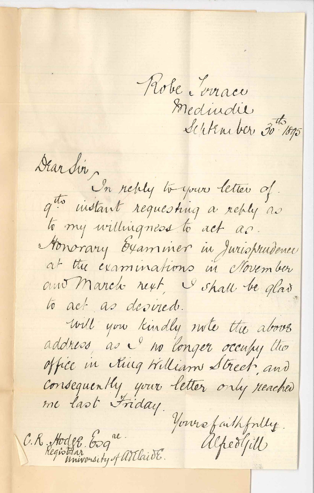 Alfred Gill - Robe Terrace Medindie - Will examine in Jurisprudence November 1895 and March 1896