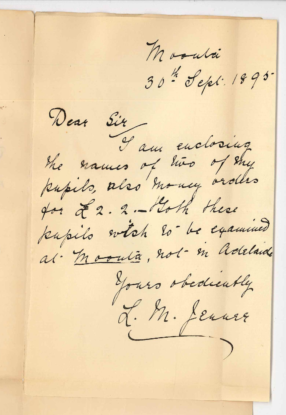 L M Jenner - Moonta - Two entries Theory Music Exam