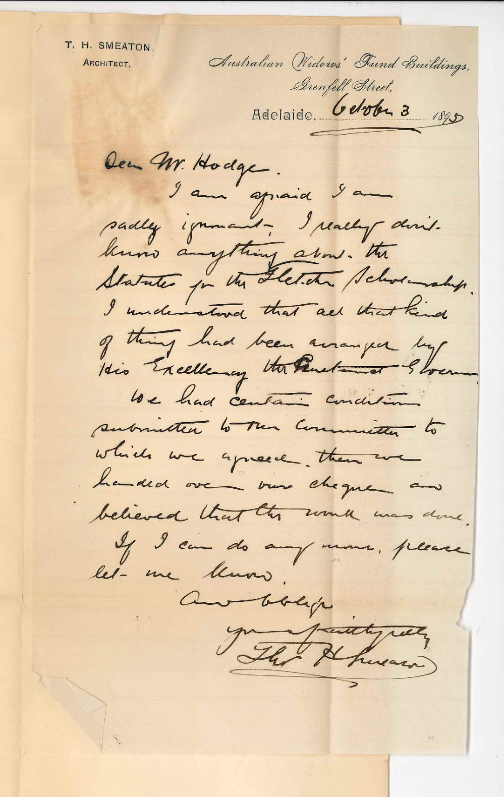 Thomas H Smeaton - Secretary Fletcher Memorial Committee - Fletcher Scholarship statutes