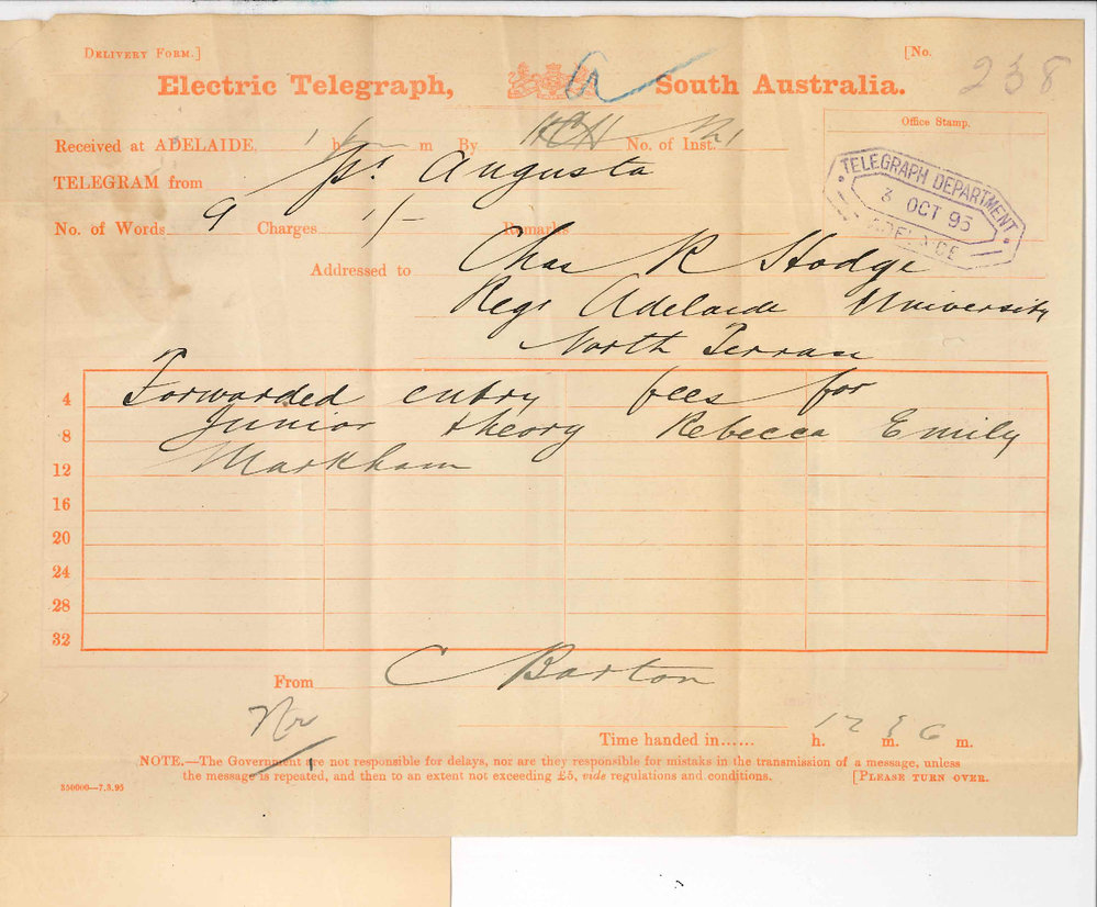 Caulfield Barton - Port Augusta - Telegram Entering Rebecca Emily Markham for Junior Theory Music