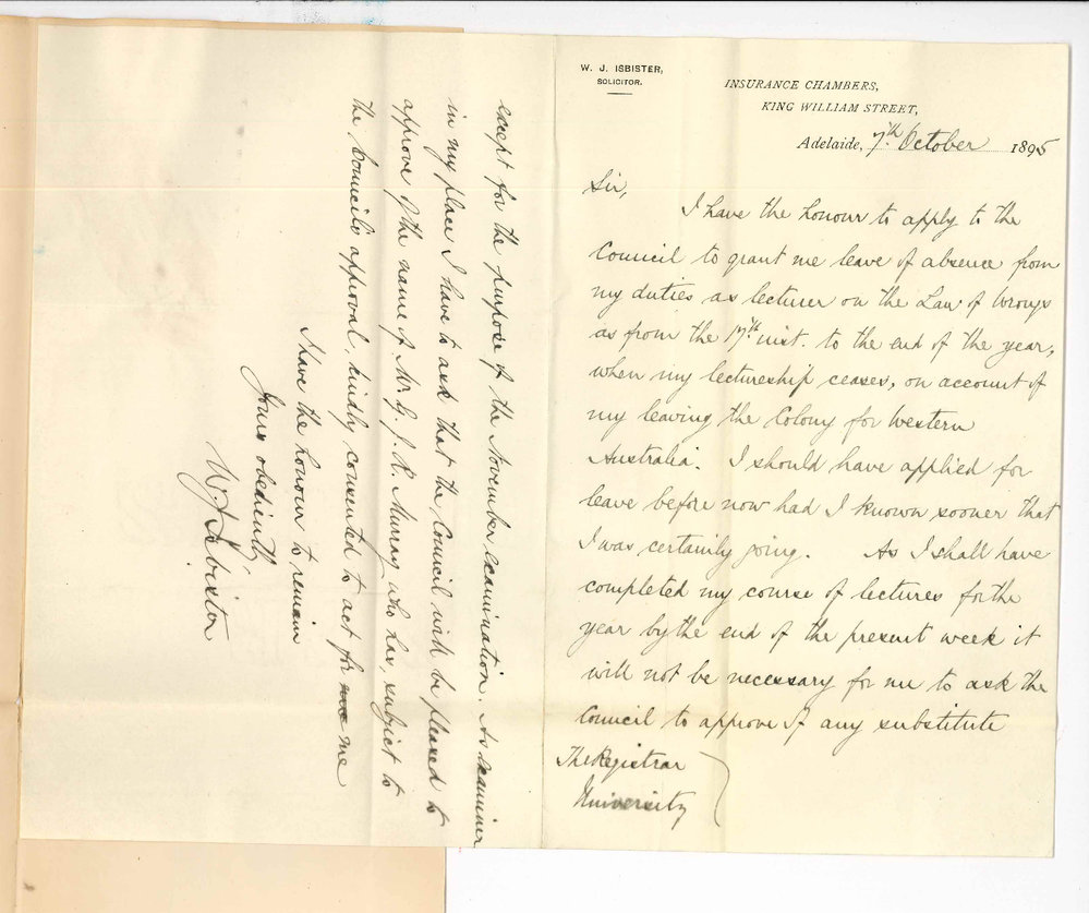 William James Isbister - Lecturer in Wrongs - King William Street Adelaide - Asking for leave of absence from 17th instant