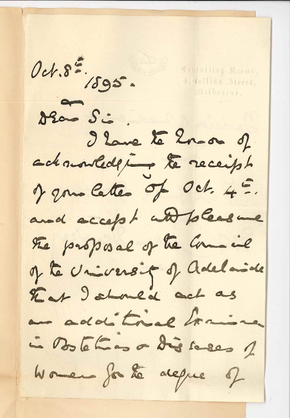 Dr Walter Balls-Headley - 4 Collins Street Melbourne - Will examine in Obstetrics November 1895