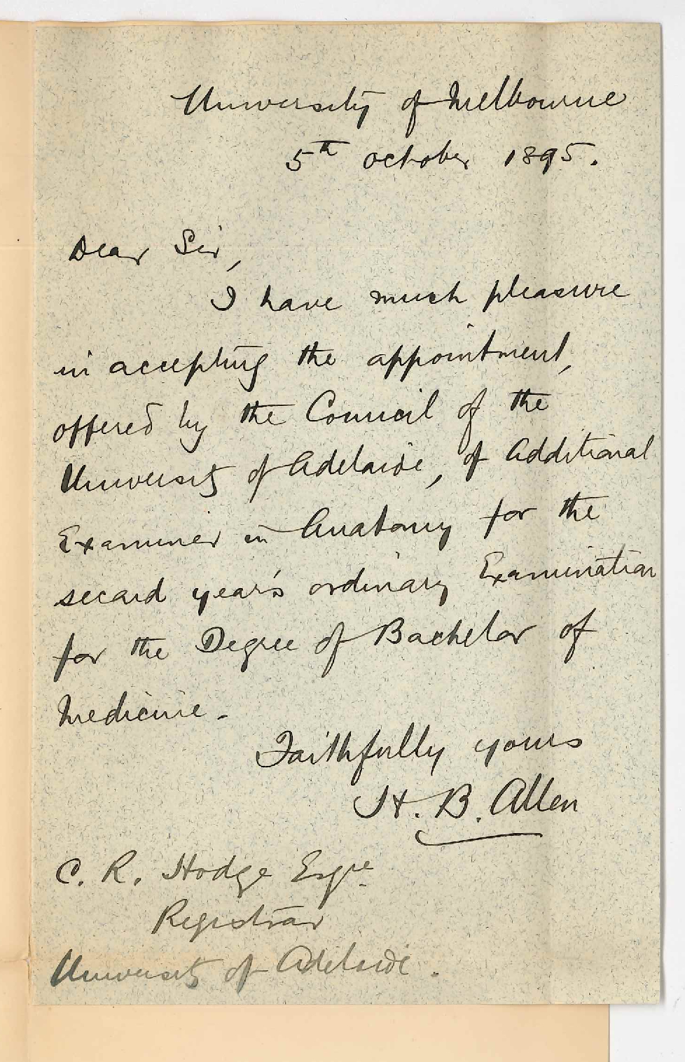 Professor H B Allen - University of Melbourne - Will examine in Anatomy November 1895