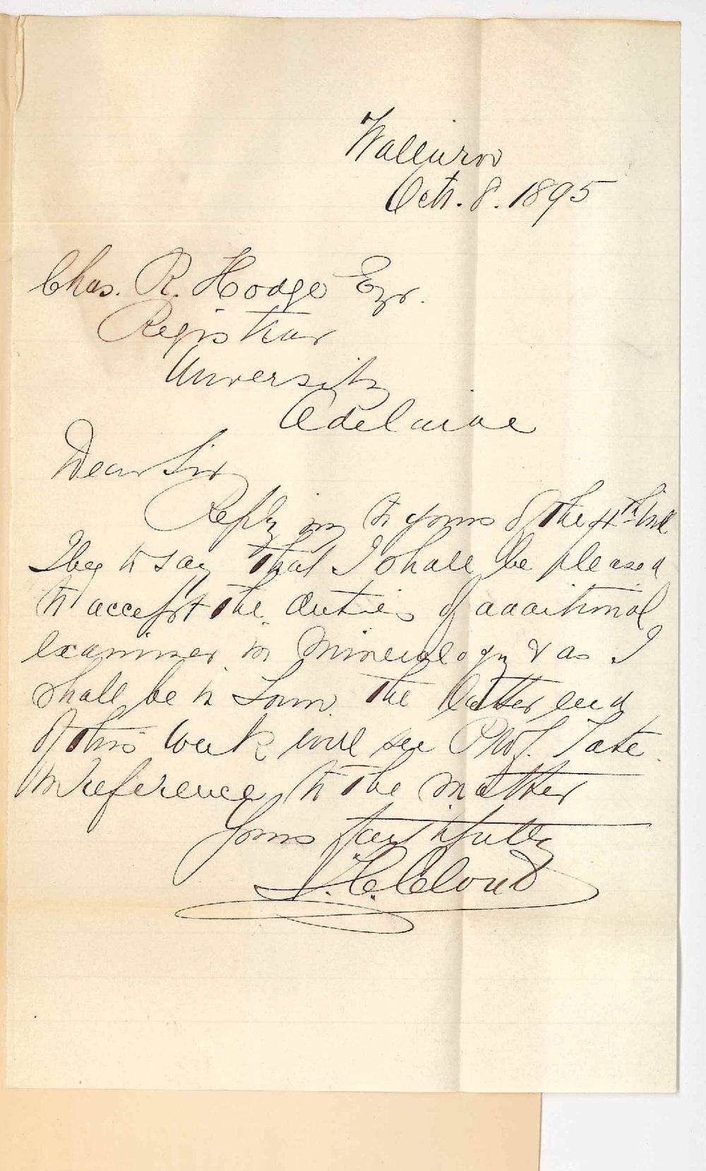 Thomas Charles Cloud - Wallaroo - Will examine in Mineralogy November 1895