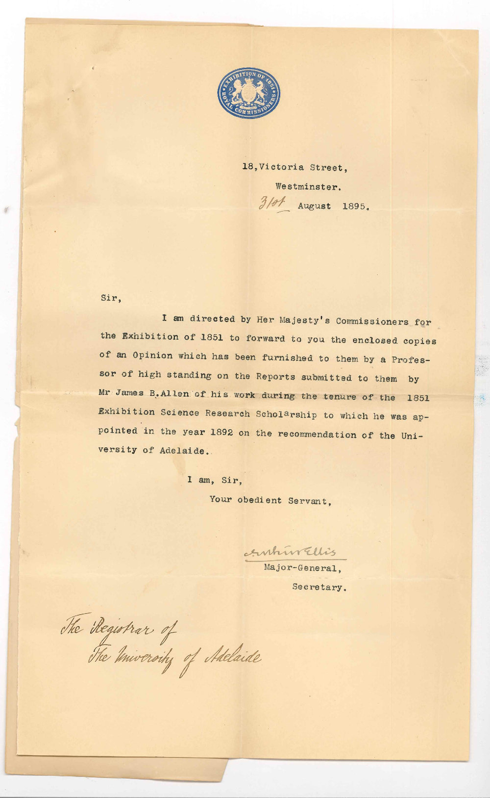 Major General Arthur Ellis - Secretary of Commissioners of Exhibition of 1851- James B Allens work during tenure of Scholarship 1892