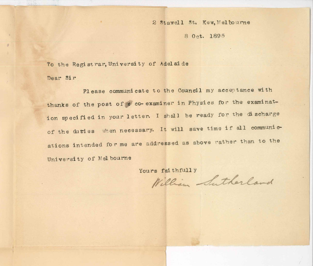 William Sutherland - Kew Melbourne - Will examine in Physics November 1895