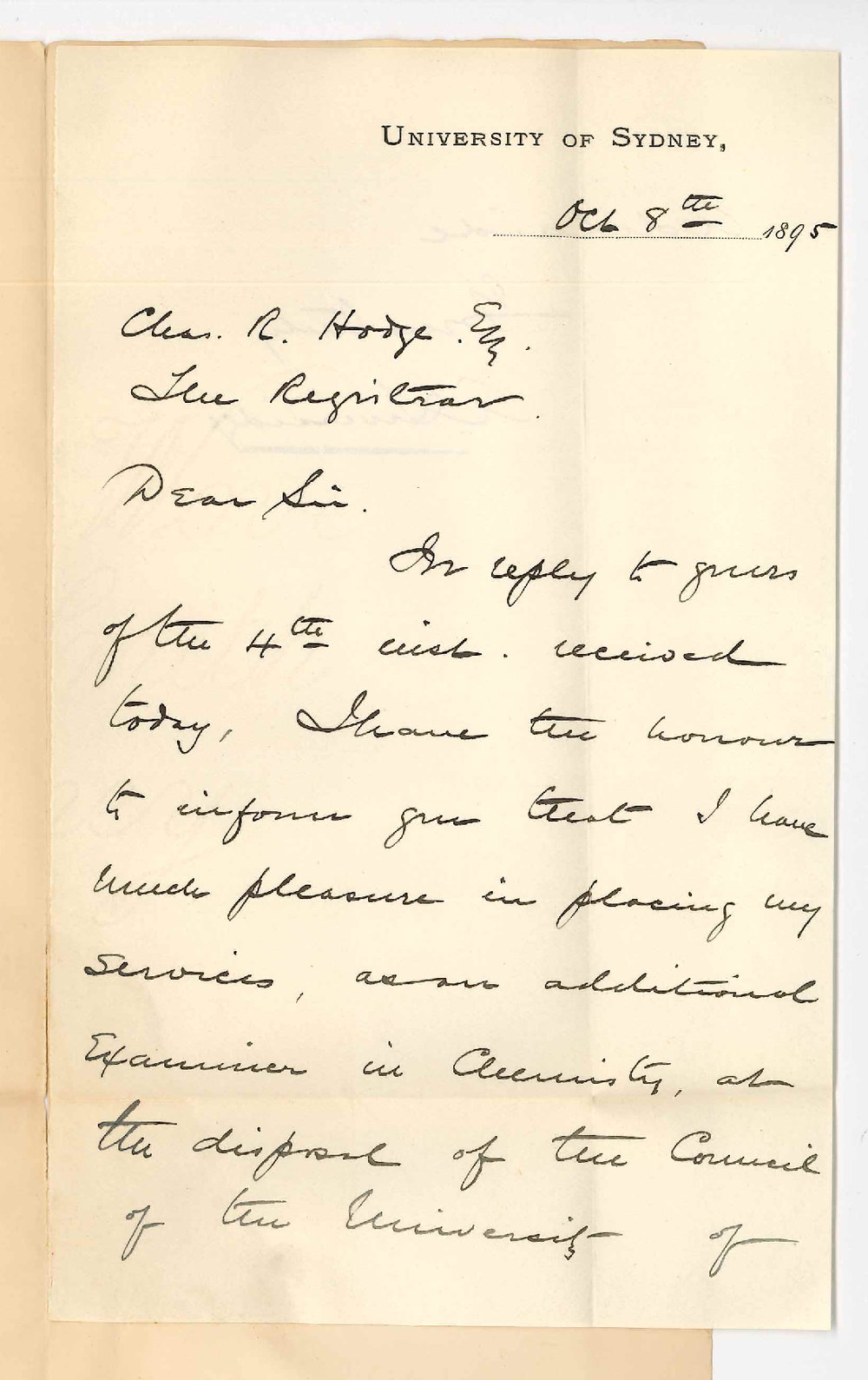 Professor Archibald Liversidge - University of Sydney - Will examine in Chemistry November 1895