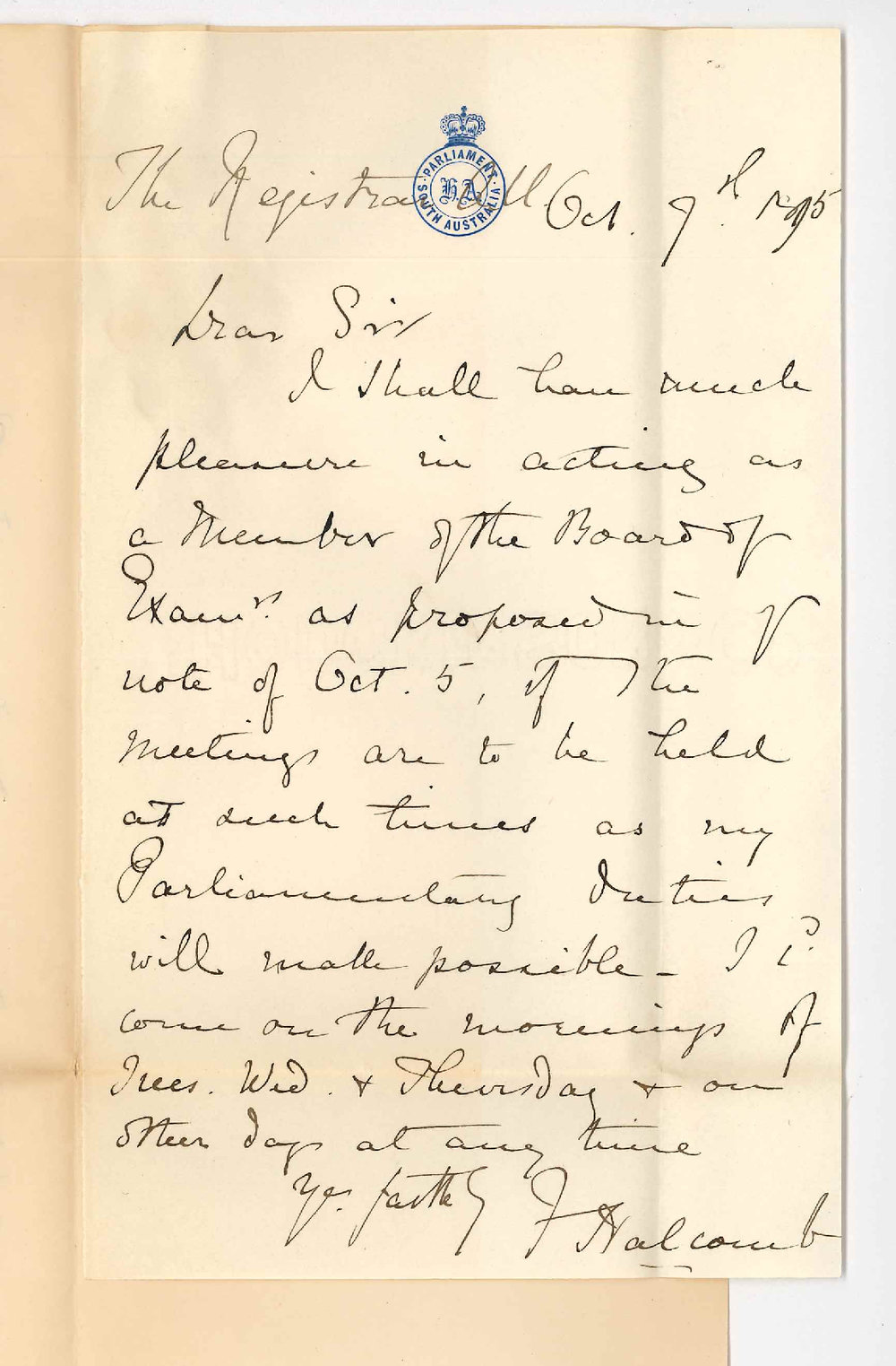 Frederick Halcomb - Parliament House Adelaide - Will act on Board of Examiners Junior and Senior Public November 1895