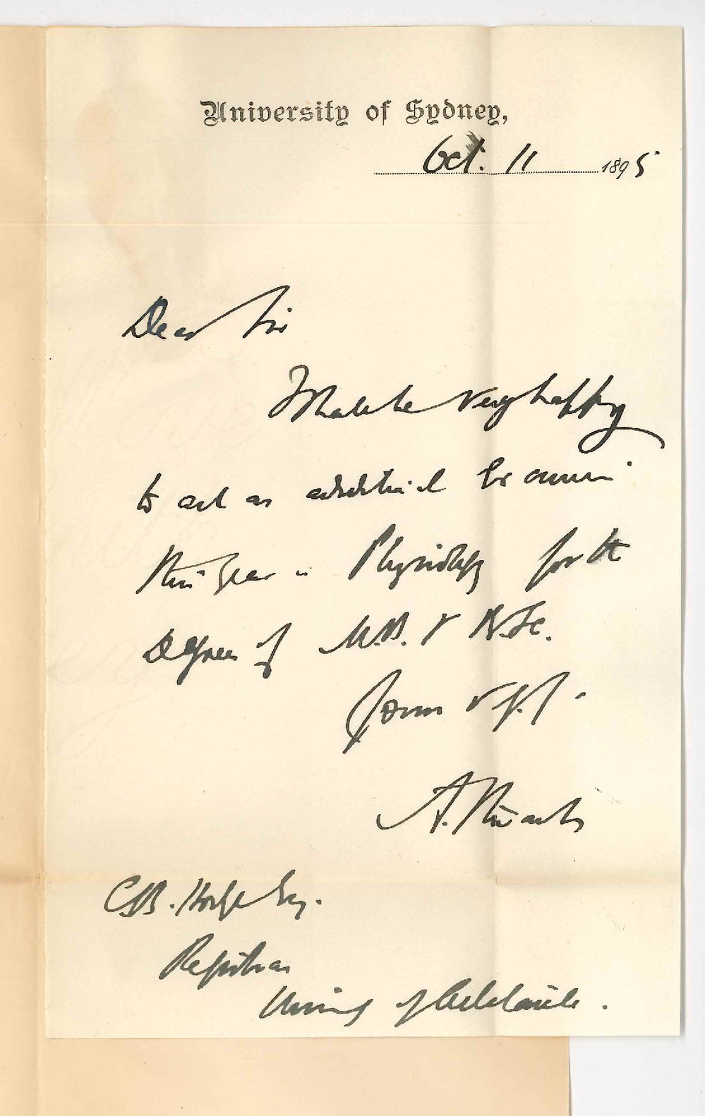 Professor Anderson Stuart - University of Sydney - Will examine in Physiology November 1895