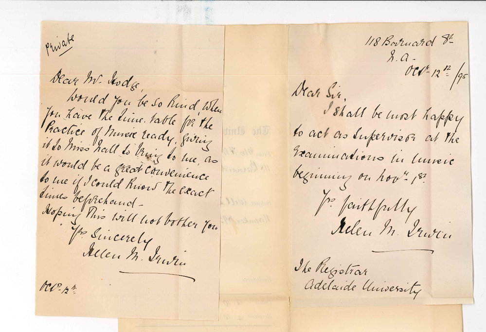 Mrs Helen M Irwin - 118 Barnard Street North Adelaide - Will supervise at Music exams November 1895