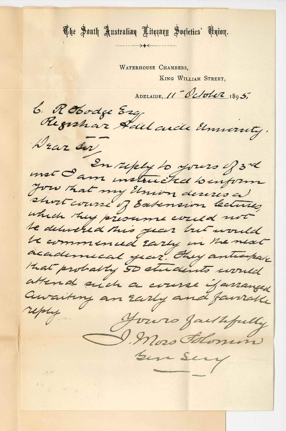 Judah Moss Solomon - Secretary Literary Societies Union - Course of Extension lectures on Political Economy