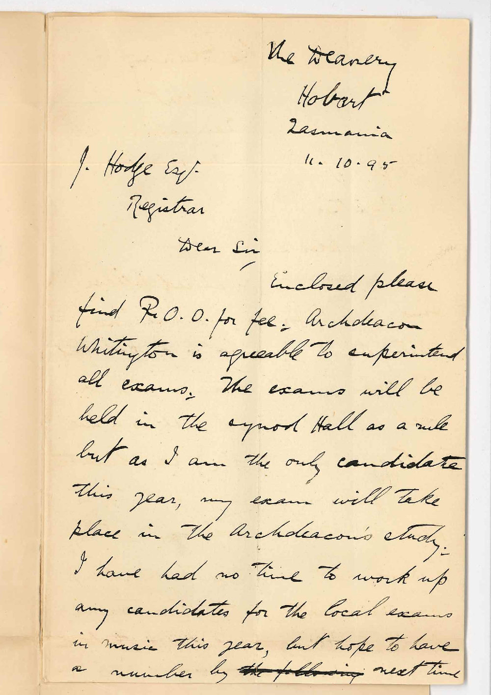 F W Weierter - The Deanery Hobart Tasmania - Entering for 1st year Mus Bac Exam - Local Music Exams