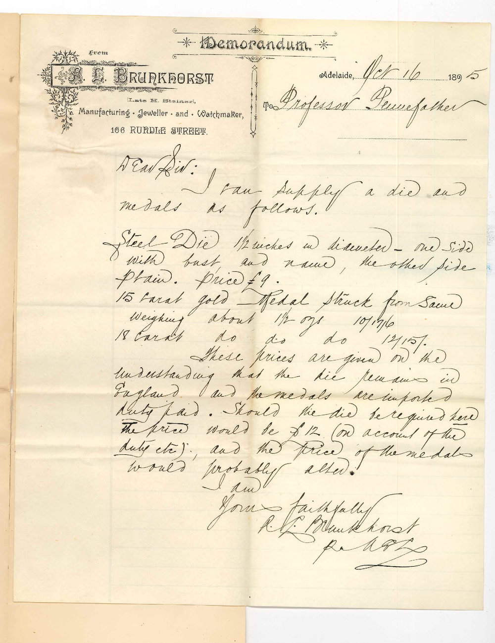 August Ludwig Brunkhorst - Rundle Street Adelaide - Estimate for Die and Medals