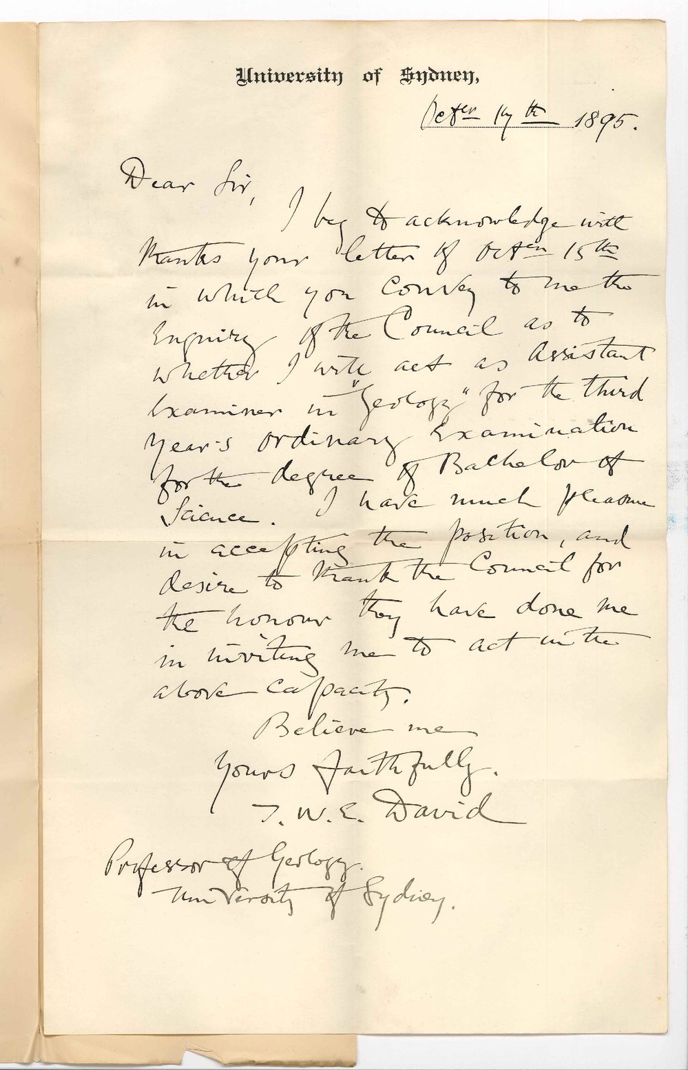 Professor T W E David - University of Sydney - Will examine in Geology November 1895