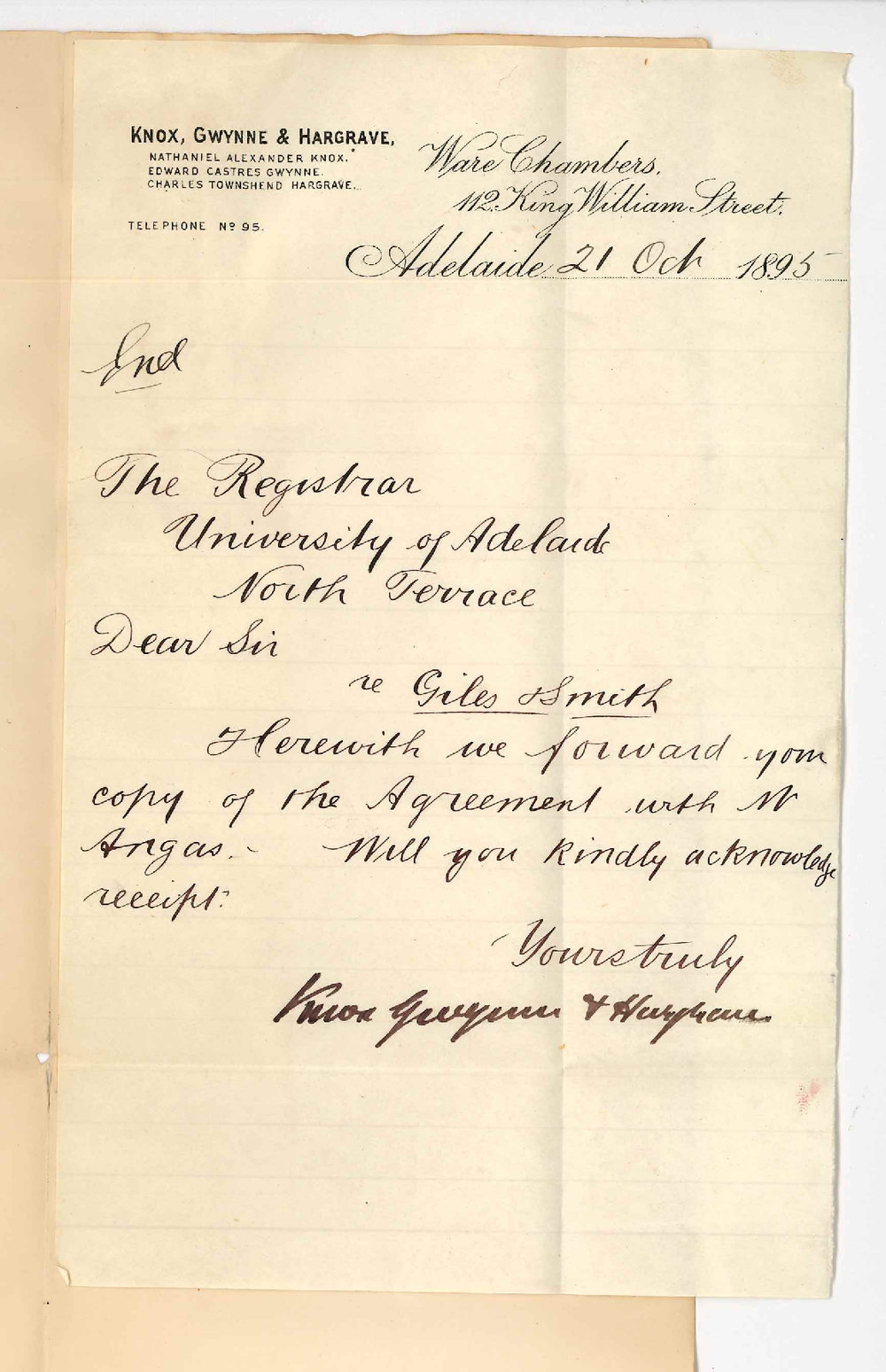 Knox Gwynne and Hargrave - King William Street Adelaide - Herewith copy of agreement with Mr Angas