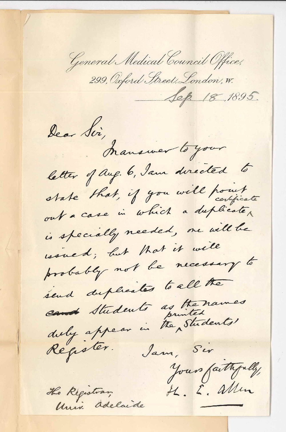 H E Allen - General Medical Council Oxford Street London - Duplicate certificates to registered students