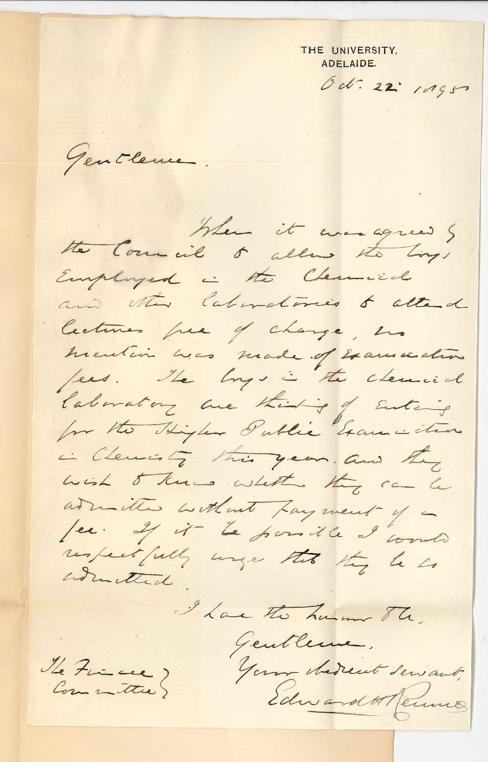 Professor Edward Henry Rennie - Re examination fees for boys employed in Laboratory