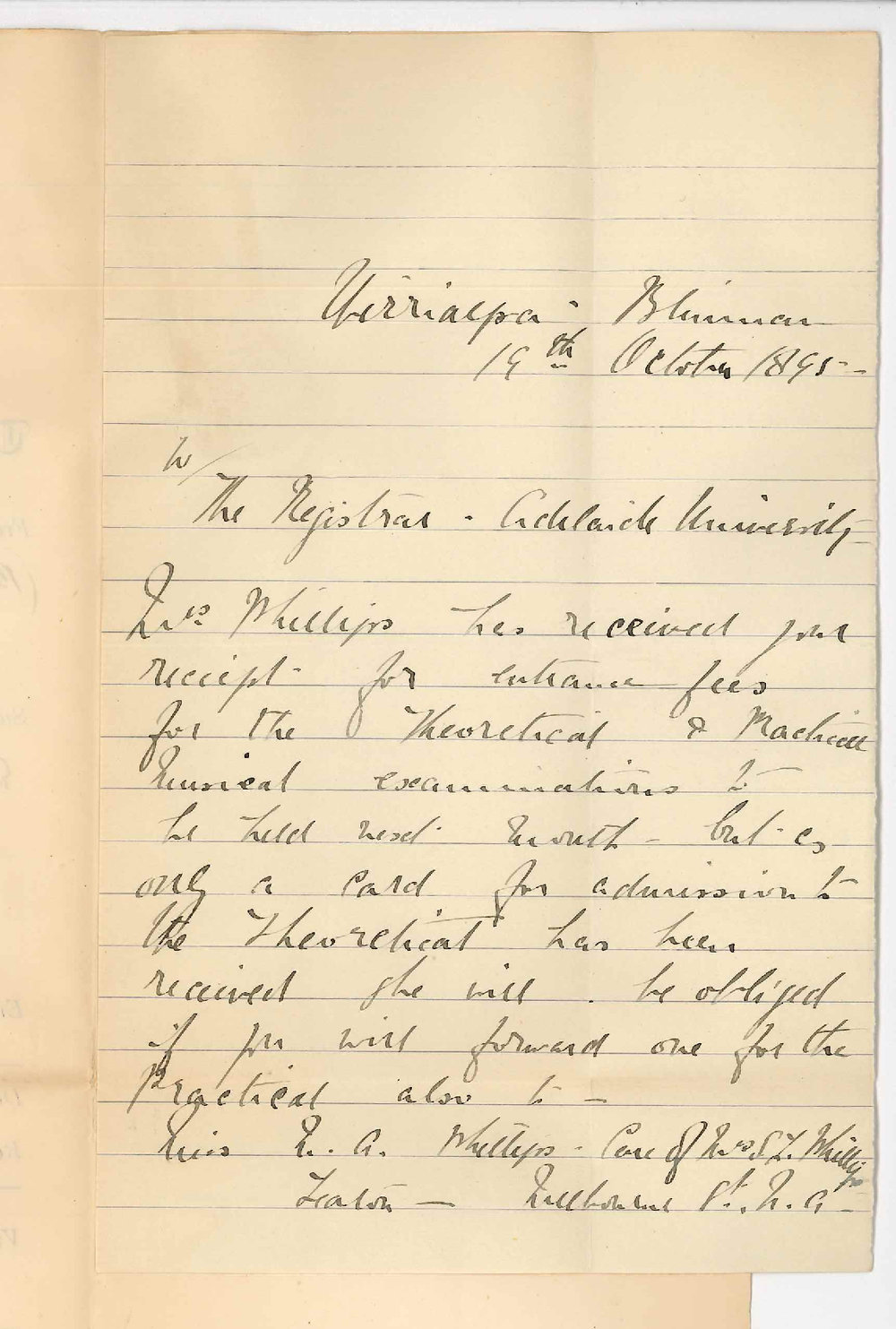 Miss M A Phillips - Blinman - c/o Mrs S L Phillips Melbourne Street North Adelaide - Entry card Practice Music Exam