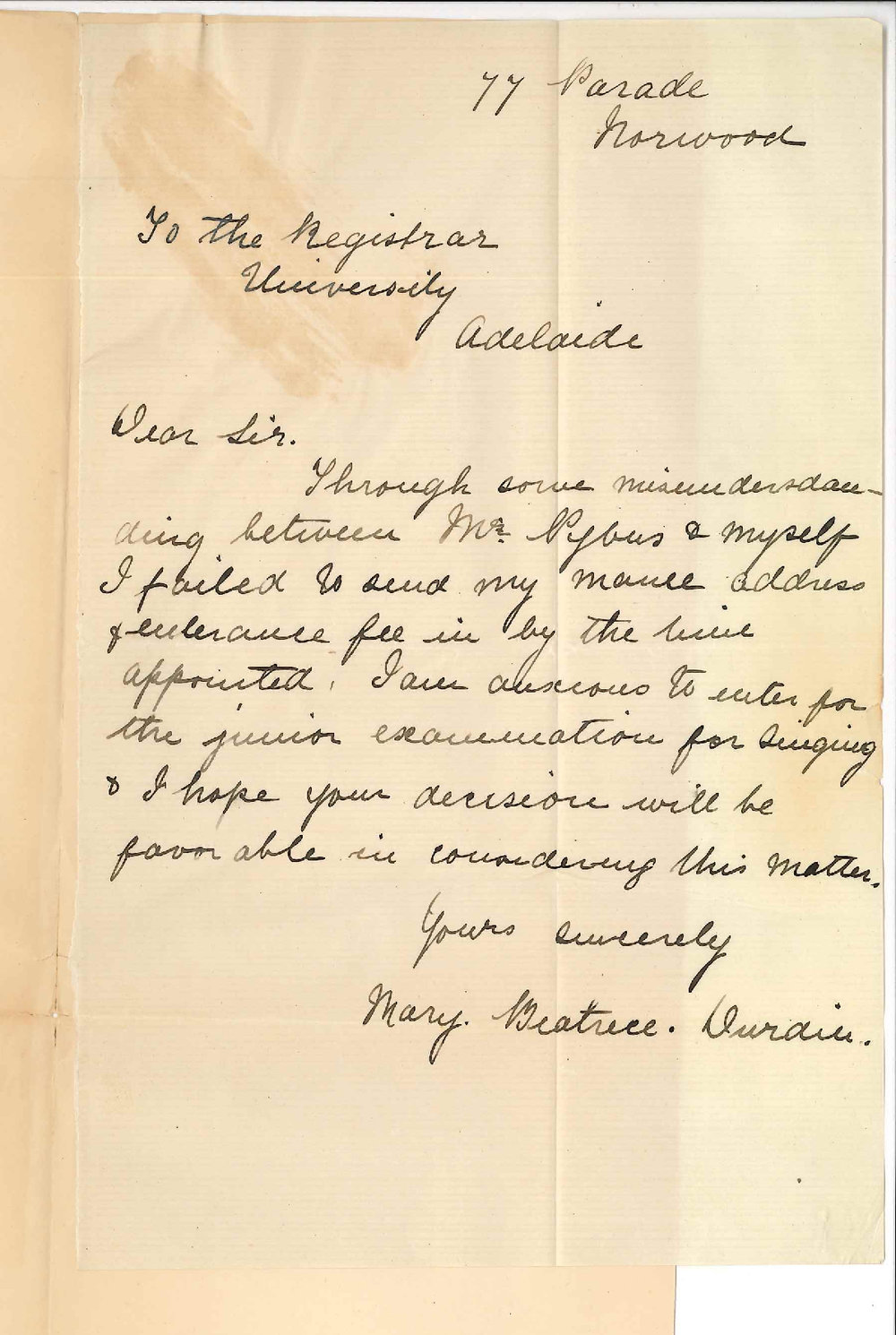 Miss Mary Beatrice Durdin - Parade Norwood - Late entry Junior Practice Music Exam