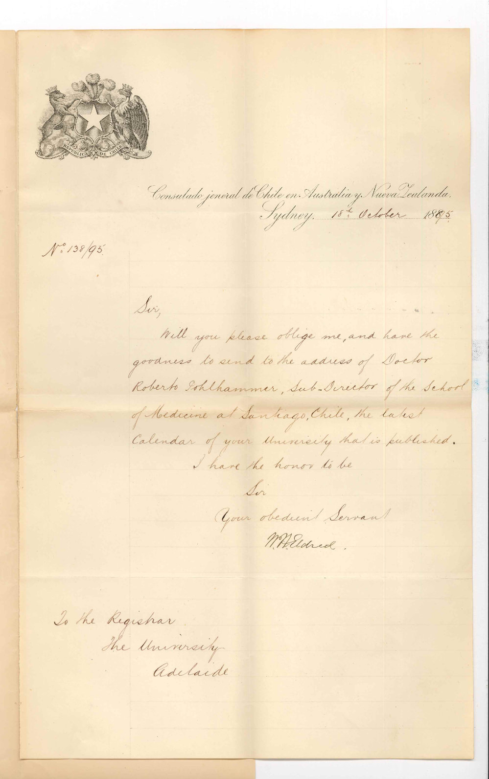 W H Eldred - Australian Consul for Chile - Sydney - Asking that Calendar be sent to School of Medicine Santiago