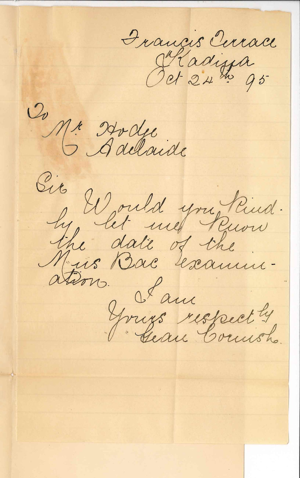 Miss Gean Cornish - Francis Terrace Kadina - Date Music Bachelor Exam