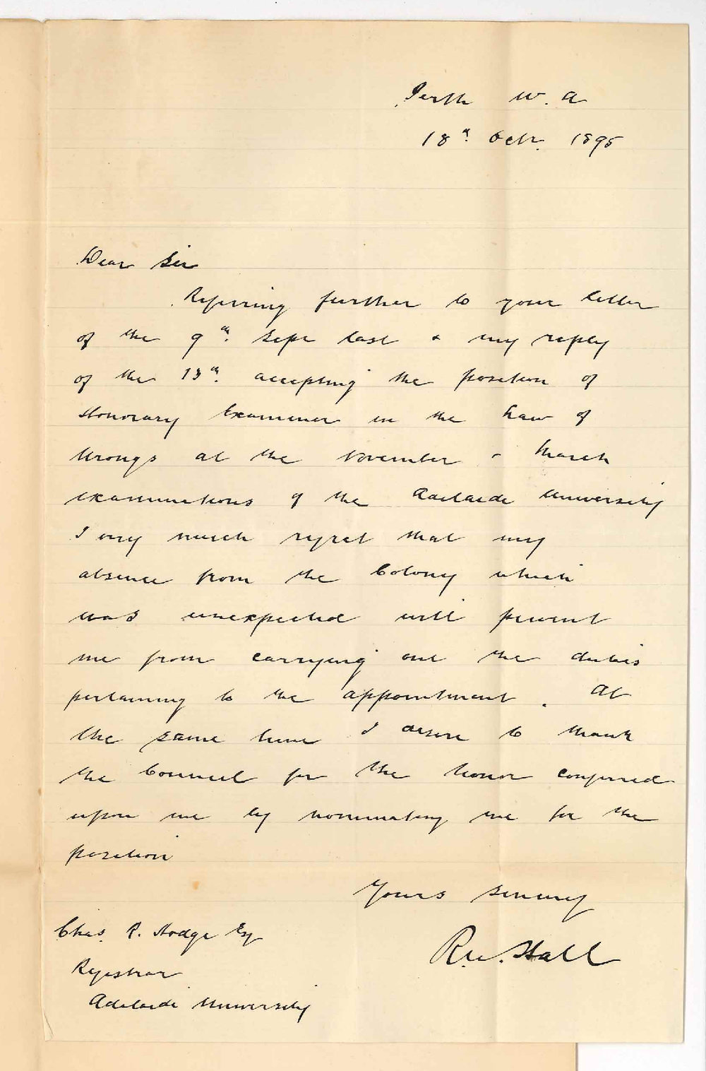 Robert William Hall - Perth WA - Cannot examine in Wrongs on account absence from Colony