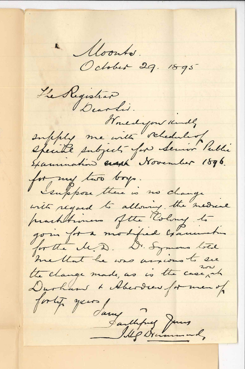 J H G Drummond - Moonta - Information re Senior Public Exam 1896