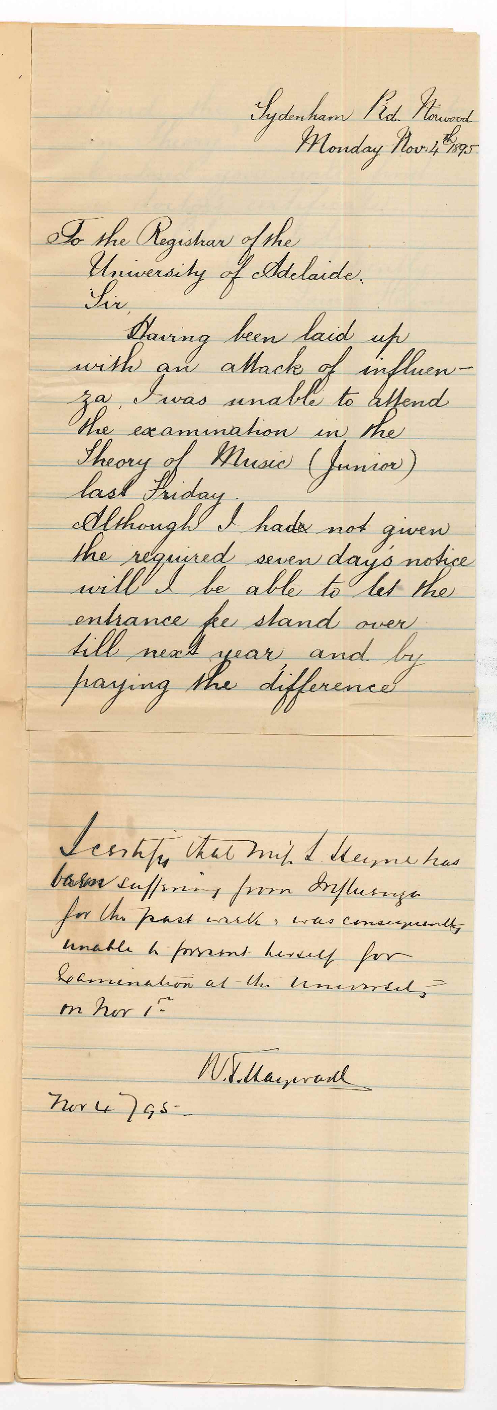 Miss Laura Heyne - Sydenham Road Norwood - Unable to attend Music Exam on account illness - Fee to credit