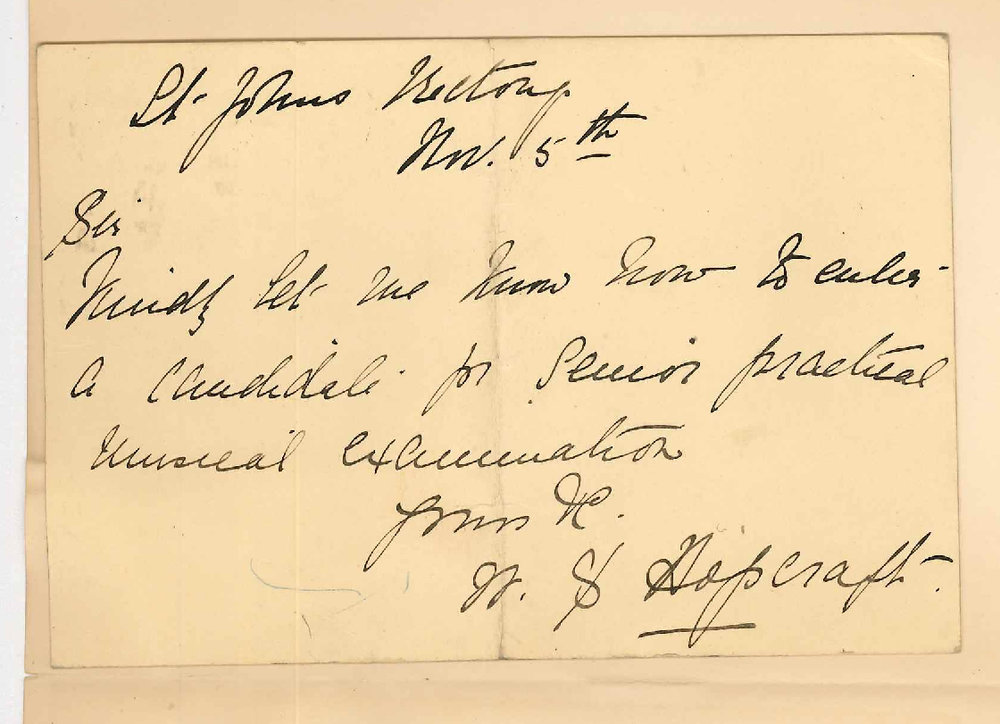 Reverend W S Hopcraft -  St Johns Rectory Adelaide - Entering candidate for Music Exams