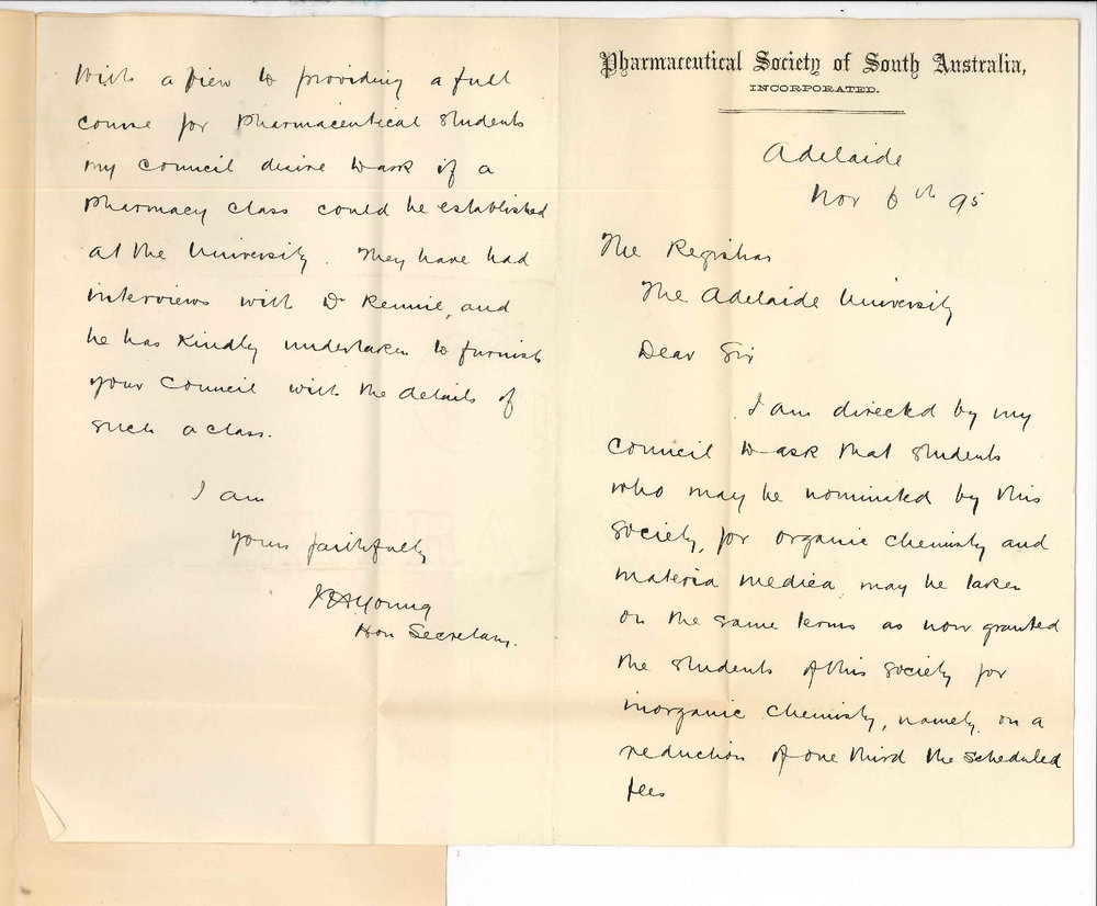 J H Young - Honorary Secretary - Pharmaceutical Society of South Australia - Regarding reduction of fees for Pharmaceutical Societys students