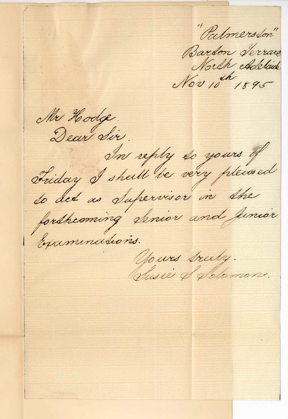 Miss Susie Solomon - Barton Terrace North Adelaide - Will supervise at Junior and Senior Public Exams