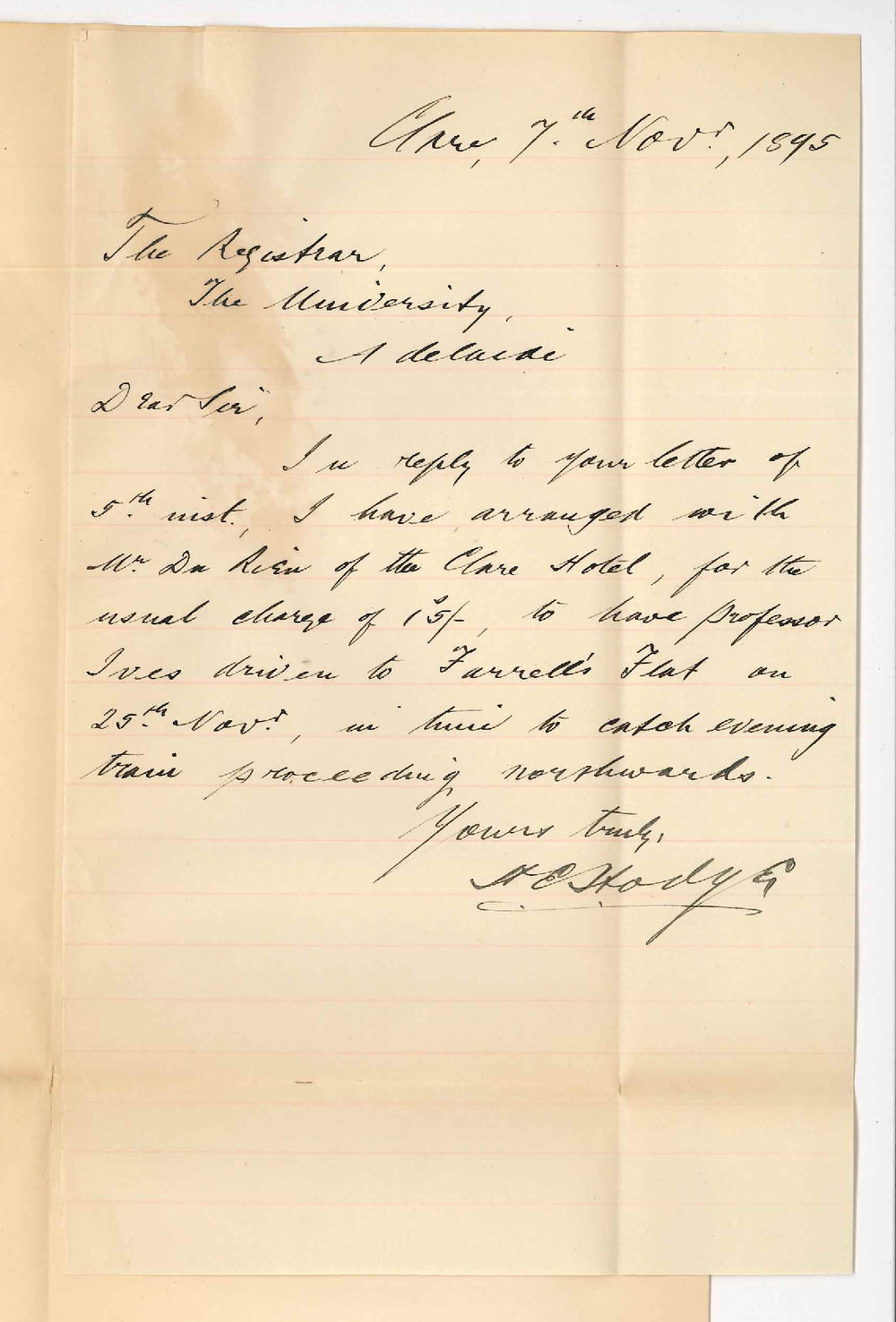 H E Hodge - National Bank - Clare - Regarding Professor Ives at Clare etc